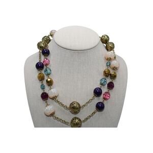 Vintage 1960s Long Beaded Necklace Quartz Lucite Filigree Gold Tone 39”